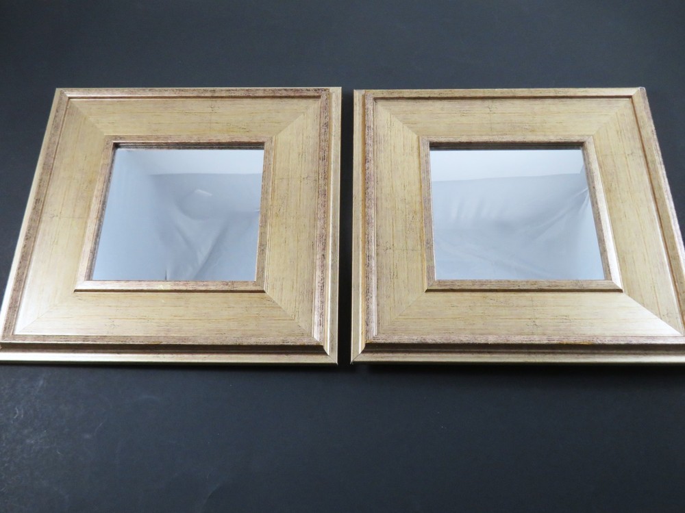 Pair Regency Square Wall Mirrors Framed In Beveled Gold Plastic Wood-Look 9.8 In