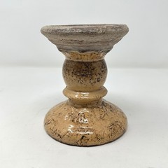 Rustic Glazed Ceramic Pillar Candle Holder Tan Brown Distressed Pedestal 4.25in