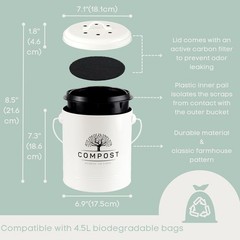 Countertop Compost Bin 1.3 Gal -Includes Inner Bucket Liner and Carbon Filter
