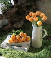 2 Bundles Artificial Tulips Flowers Orange Fake Silk Tulips Bouquet 18PCS Fau…