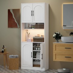 71″ Tall Pantry Cabinet w/LED Lights ,Kitchen Storage Hutch with Microwave Stand