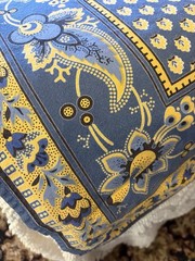 Williams & Sonoma French Country Blue Yellow Print Tablecloth Square 67” X 69”
