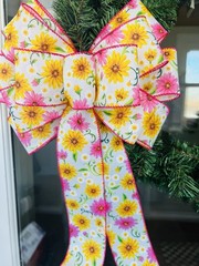 Handmade Large White Pink Yellow Floral Bow for Spring or Summer Wreath