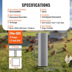 VEVOR Hardware Cloth 1/2″ 24in x 50ft 19 Ga Wire Mesh Roll Chicken Wire Fencing