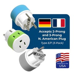 OREI Germany, France Travel Plug Adapter – 2 USA Inputs – 3 Pack- Type E/F