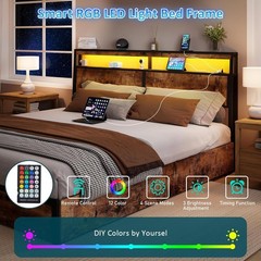 King Queen Full 4 Drawers Platform Bed Frame with LED Light, Charging Station
