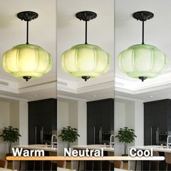 14’Simple Green Pumpkin Shaped Pendant Light,Living Room/dining Room Glass Light