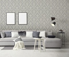 Satin gray silver tan Victorian damask faux silk fabric textured Wallpaper rolls