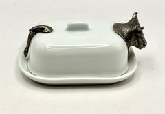 RARE Pillivuyt France Porcelain Butter Pat Dish, Silver/ Pewter Cow Head & tail