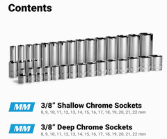 3/8 in. Drive Shallow and Deep Chrome Socket Set, 6-Point, 8 to 22 mm, 30-Piece