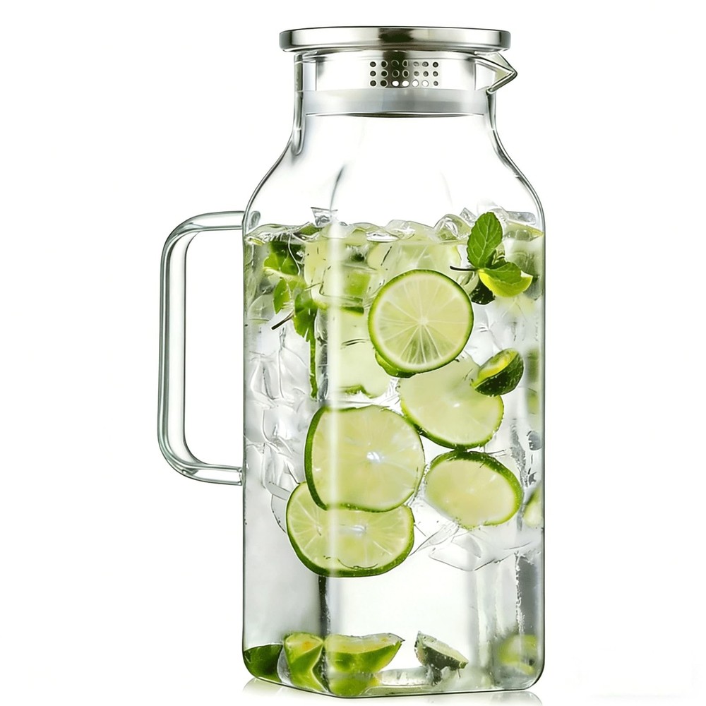1 Pack 2 Liters/68 oz Square Glass Pitcher with Lid and Handle, Glass Carafe …