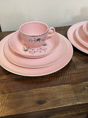 TAYLOR SMITH & TAYLOR DWARF PINE Pink 4 Pc Service Set Plates China Dishes VTG