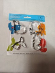 New stainless steel cookie cutter sets. Each pack has four cutters. Themes inclu
