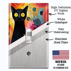 Metal Light Switch Outlet Cover Wall Plate Colorful Flowers Black Cat FWR228