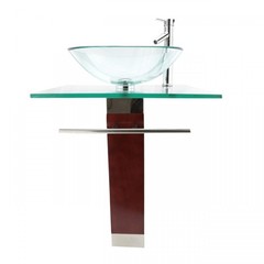 Rectangle Glass/Wood Bathroom Pedestal Sink with Chrome Faucet, Drain, Towel Bar