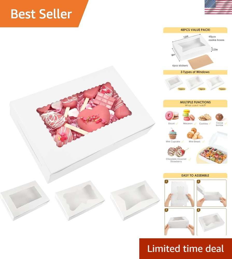 48pcs Bakery Boxes,12x8x2.5 Inches Cookie Boxes with 3 Style Window for Choco…