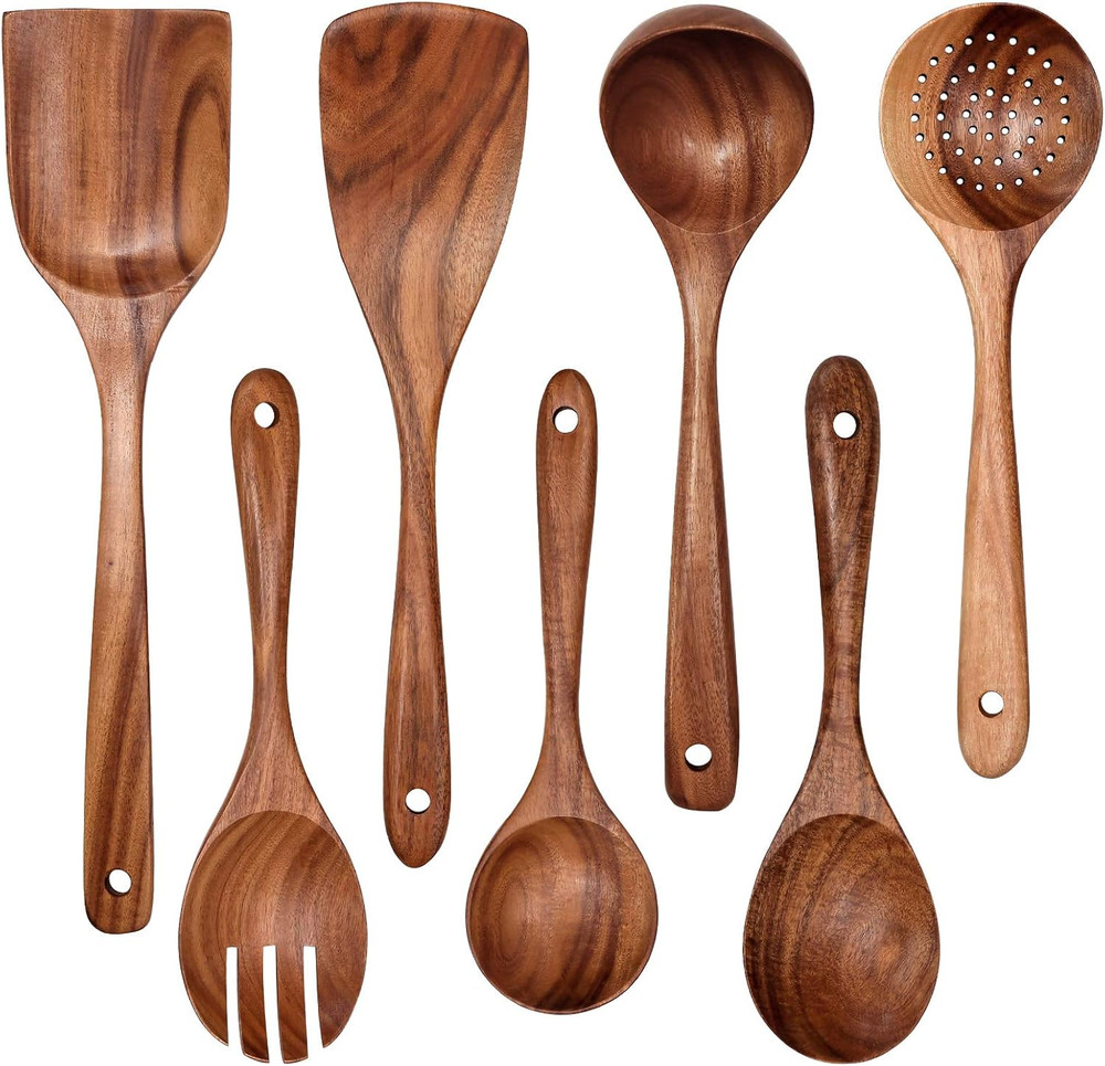 Natural Teak Wooden Cooking Utensils 7pc Set Non-Stick Spatula Spoons Kitchen