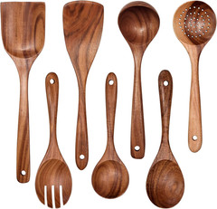 Natural Teak Wooden Cooking Utensils 7pc Set Non-Stick Spatula Spoons Kitchen
