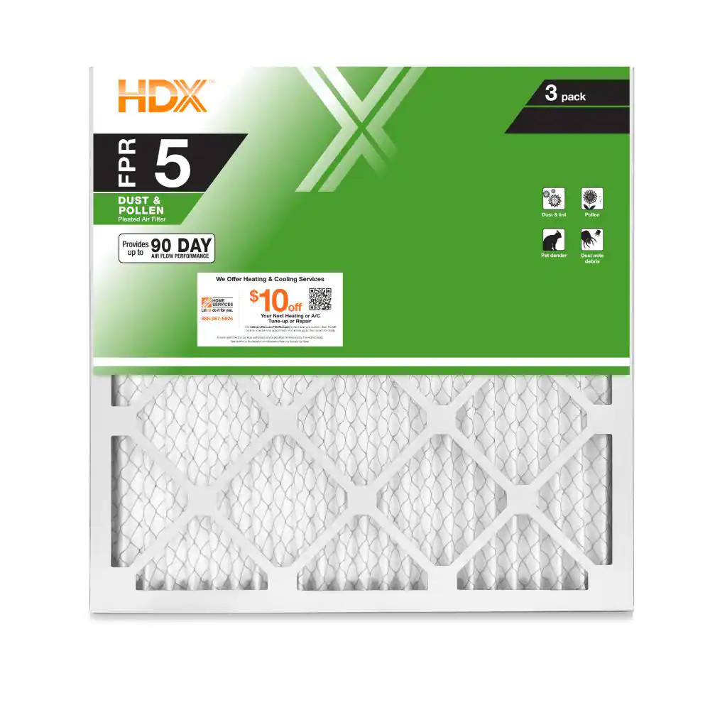 25 X 25 X 1 Standard Pleated Air Filter FPR 5 3-Pack Non-Electrostatic Cardboard