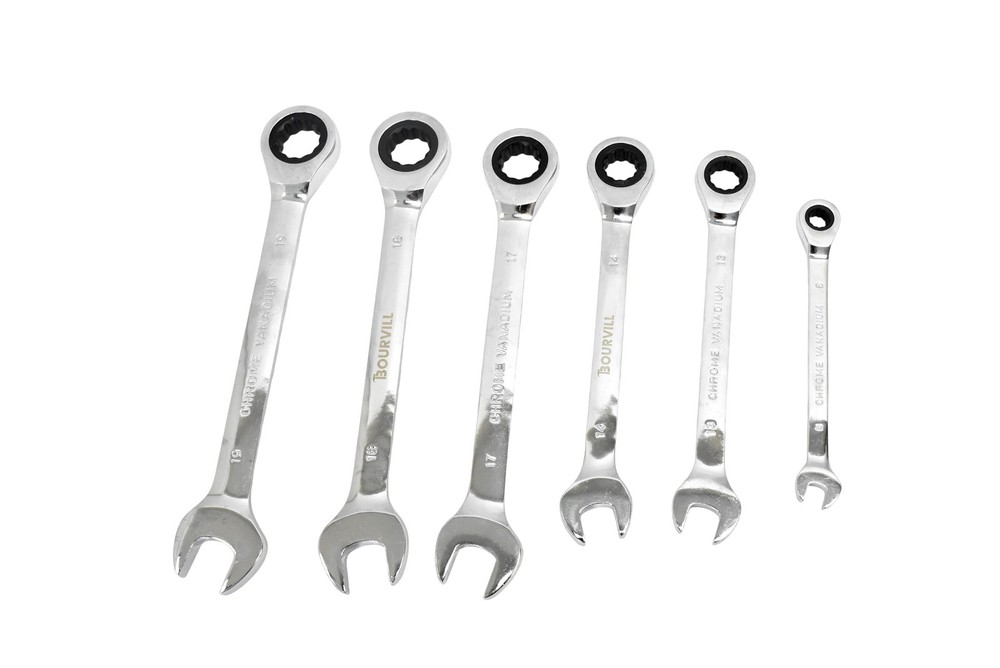 BOURVILL 6 Piece Metric Ratcheting Combination Wrench Set 8-19mm Silver