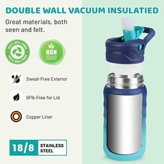 HAUSHOF Kids Water Bottle 2-Pack (12 oz)Stainless Steel BPA-free Leakproof