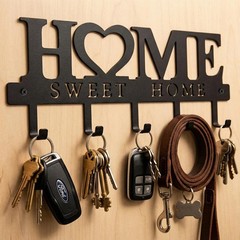 Entryway Wall Key Holder 5 Hooks Metal Key Rack Sweet Home Black 9.8in