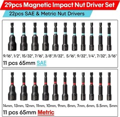 SHALL 29PC Impact Magnetic Nut Drivers Set SAE & Metric Extra Long 1/4″ Hex US
