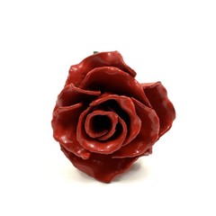 Metal Rose Red & Green Leaves with 13″ Long Stem Hand Forged Wrought Iron Heavy