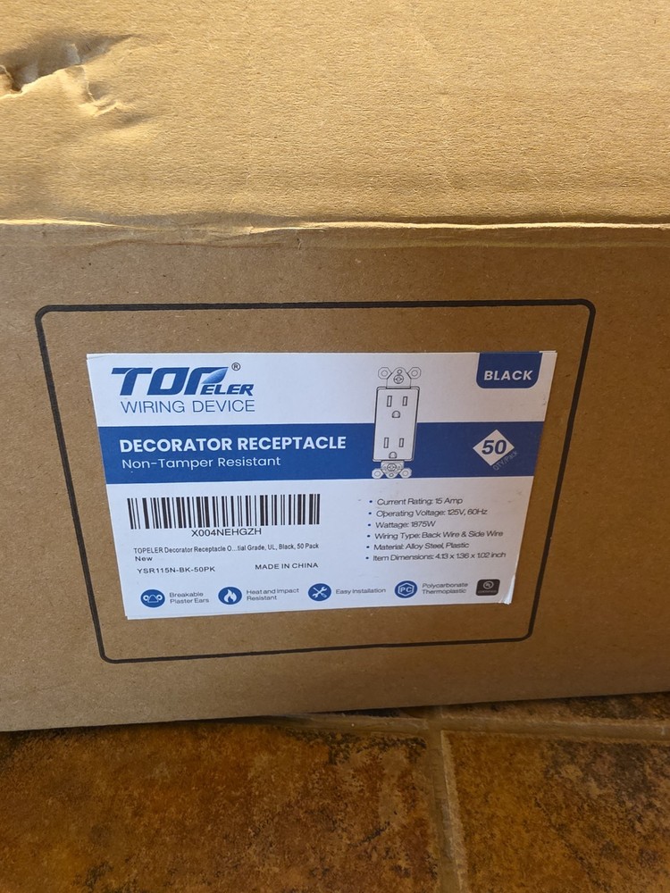 Lot of (50) New, Black TopELER receptacle,none- TamperResistant,20 Amp 125 volt