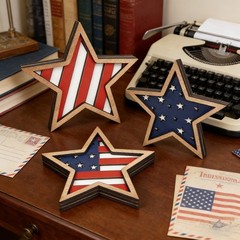 3Pcs Patriotic Wooden Star Decor American Flag Tabletop Ornament for 4th of July