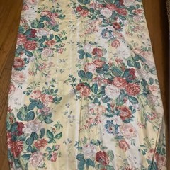 Custom-made vintage yellow-and-white floral stripe pinch-pleated curtains and va