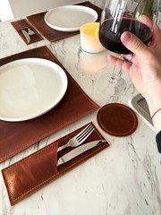 Leather Placemat Set | Rustic Handmade Table Mat | Coasters & Cutlery Holder