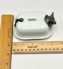RARE Pillivuyt France Porcelain Butter Pat Dish, Silver/ Pewter Cow Head & tail