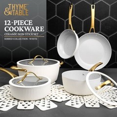 Thyme & Table 12-Piece Ceramic Non-Stick Signature Cookware Set – White & Gold