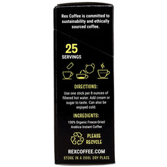 Rex Coffee Organic Fairtrade Instant Sticks Medium Roast Arabica 25 Count