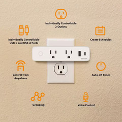 15 Amp Smart Wi-Fi Bluetooth Indoor USB Plug Timer with 2-Outlets, USB Type-A an