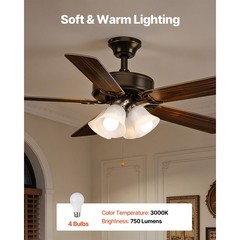 Brushed Nickel Fan Light Kit, 4-Light, 3000K, 750lm, Alabaster Glass, 10.3in W