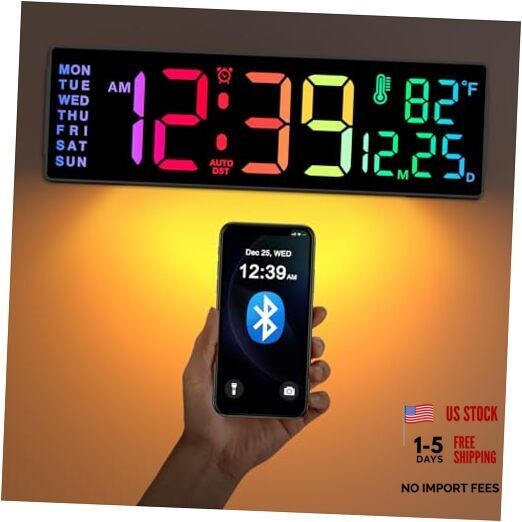 14.2″ Large Digital Wall Clock, Bluetooth Auto Time/Date/Day 14.2″ Multicolor