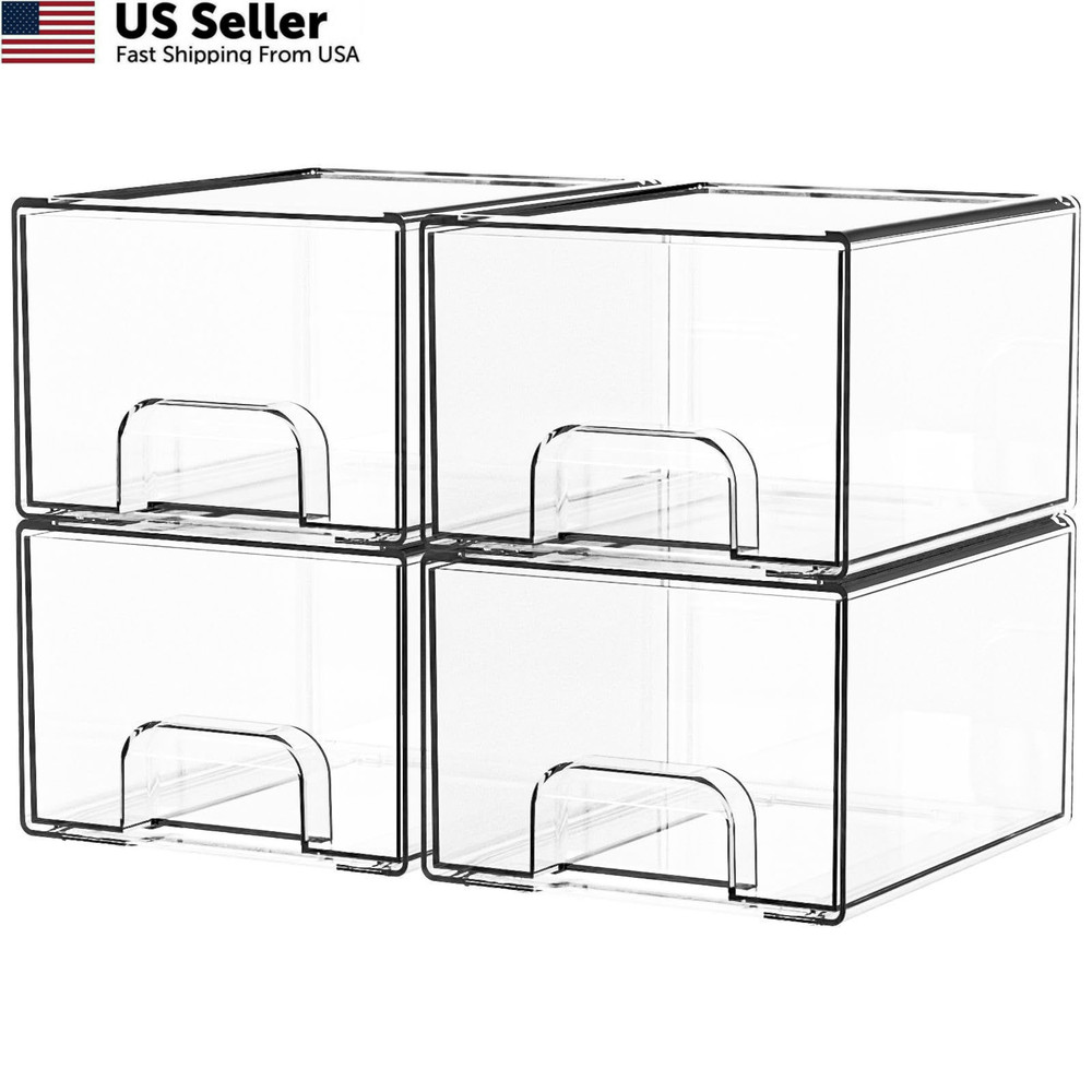 Yieach 4 Pack Clear Stackable Storage Drawers,4.4” 4 PCS, Clear-4.4 In Tall