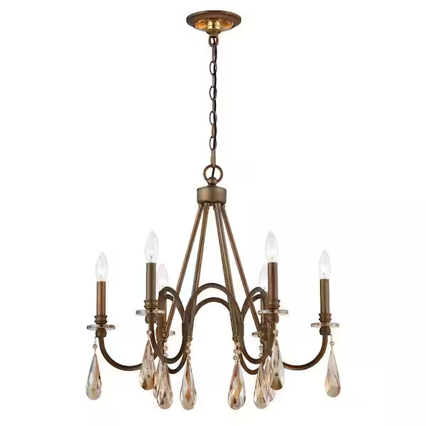Elegant 6-Light Bronze with Oversized Crystal Drops Chandelier 24.25 in