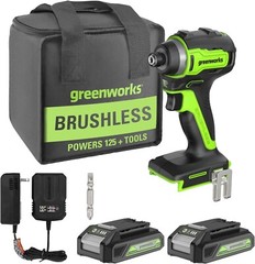 Greenworks 24V Brushless 1/4″ Cordless Impact Driver, (2) 2.0Ah Batteries, Comp