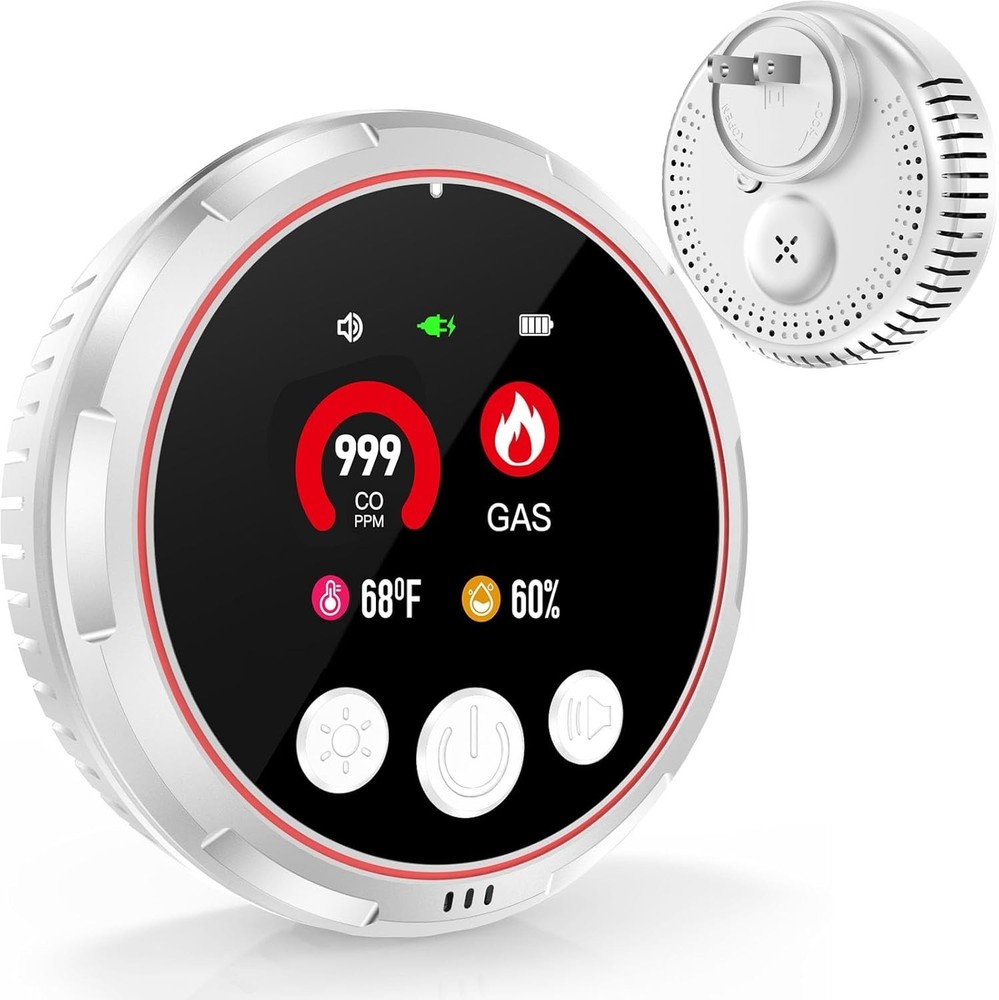 Portable CO Detector with Smoke & Gas Sensors, Plug-in Alarm for Home or Travel