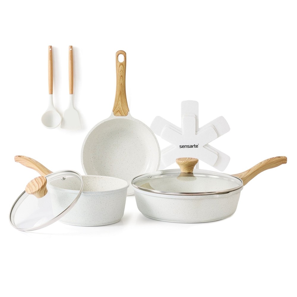 Sensarte Ceramic Nonstick Cookware Set, 10 Pieces, Induction Compatible, White,