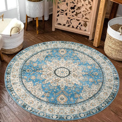 Oriental Floral Medallion round Rug – 3Ft Blue Small round Area Rug, Soft Non-Sl