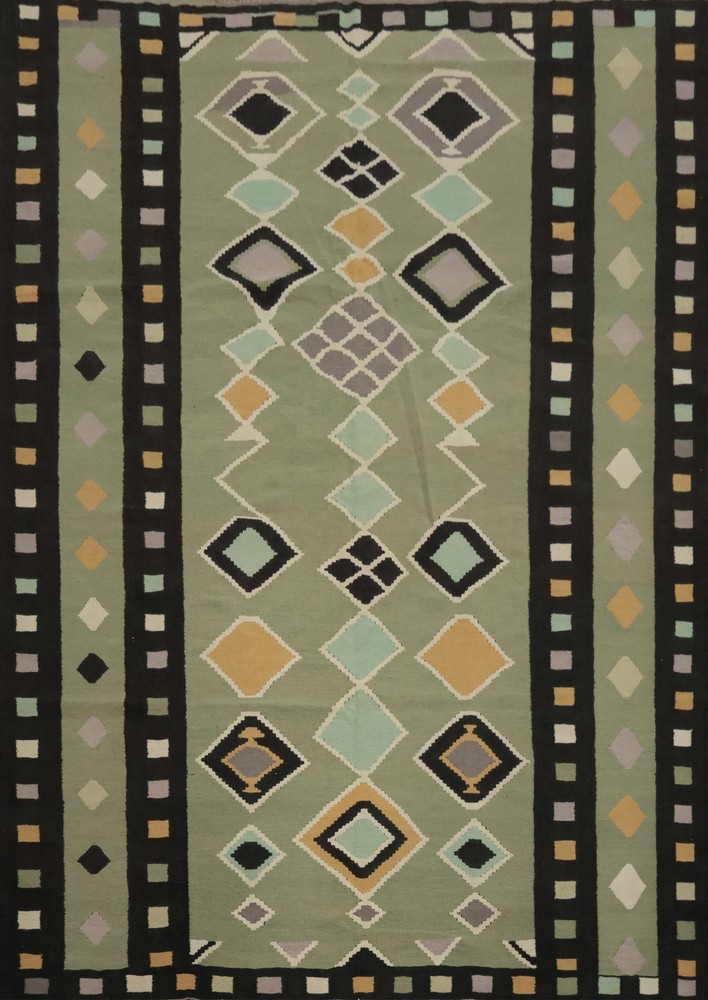 Green Geometric Kilim Area Rug 8×10 Flat-weave Oriental Turkish Any Room Carpet