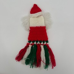 Handmade Santa Claus Ornaments SET of 2 Vintage 1980s Crochet Yarn Knit Folk Art