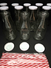 10 oz. Glass Milk Bottles with Reusable Lids and Red & White Straws Lot of 12