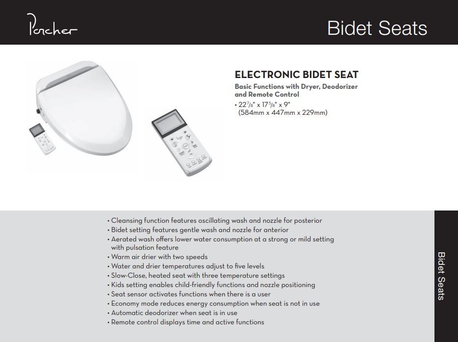 Porcher 70082-00.001 Electronic Bidet Seat with Remote Control, White