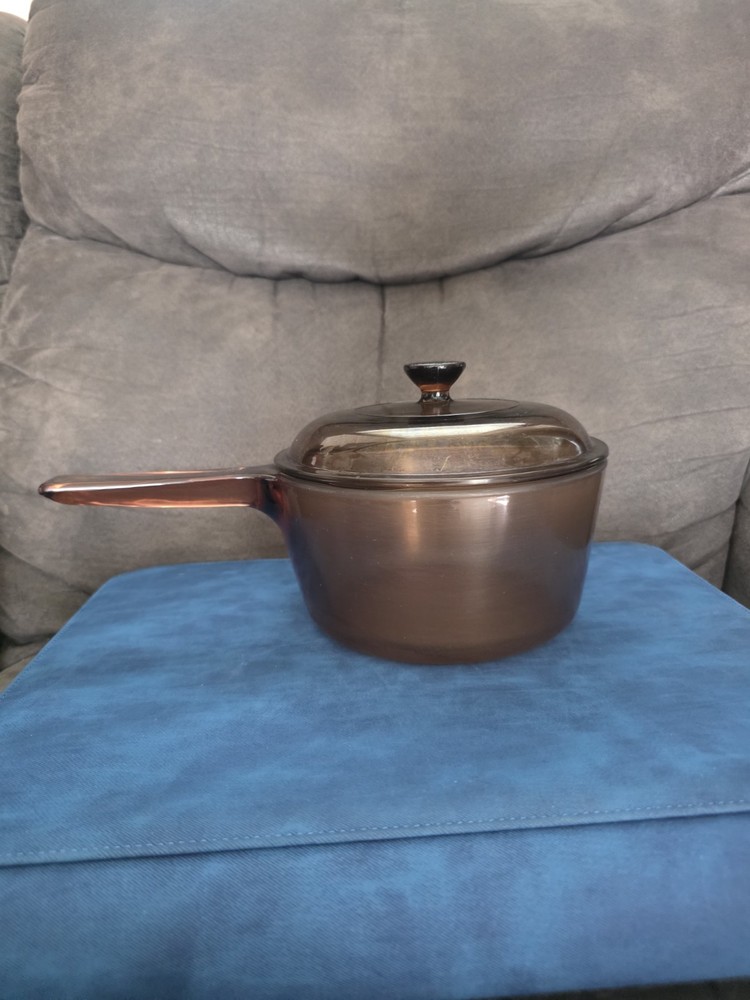 Vintage Corning Ware Vision 1.5L Amber Glass Pot Sauce Pan & Lid