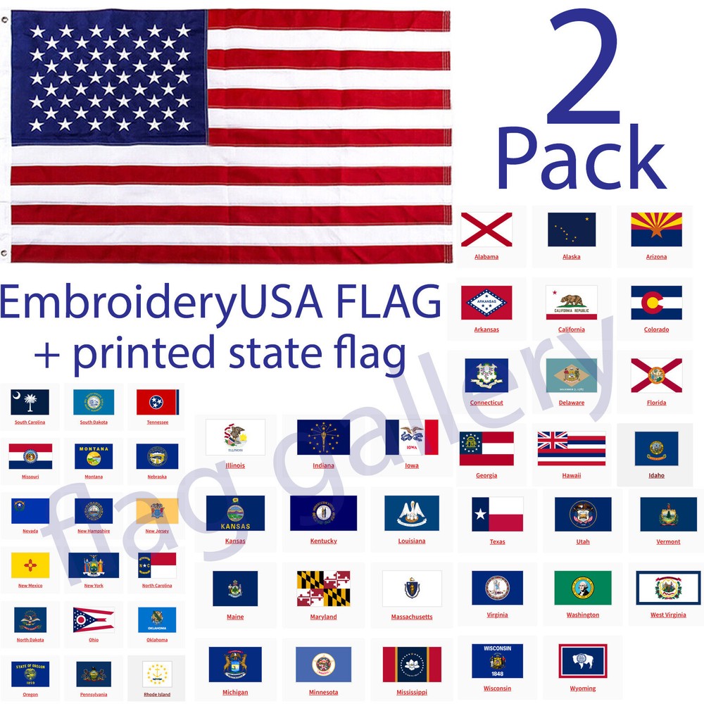 US American Flag 3×5 Made in Luxury Embroidered United States Flag + State Flag